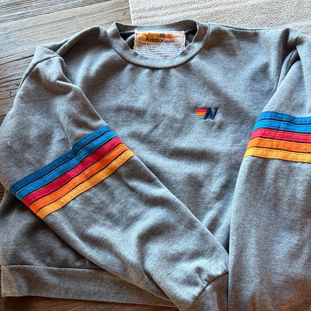 Aviator Nation Gray Crewneck with Colorful Stripes